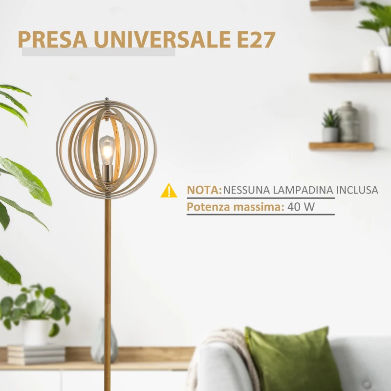 HOMCOM Lampa de Podea Design cu Abajur cu Inele Reglabile din Lemn Becuri E27 Ф38 x 160 cm