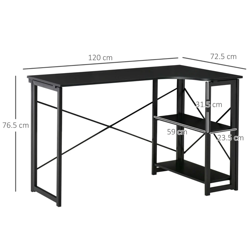 HOMCOM Scrivania Angolare a Scomparsa Pieghevole con 2 Ripiani Laterali in Legno e Metallo, Nera, 120x72.5x76.5cm