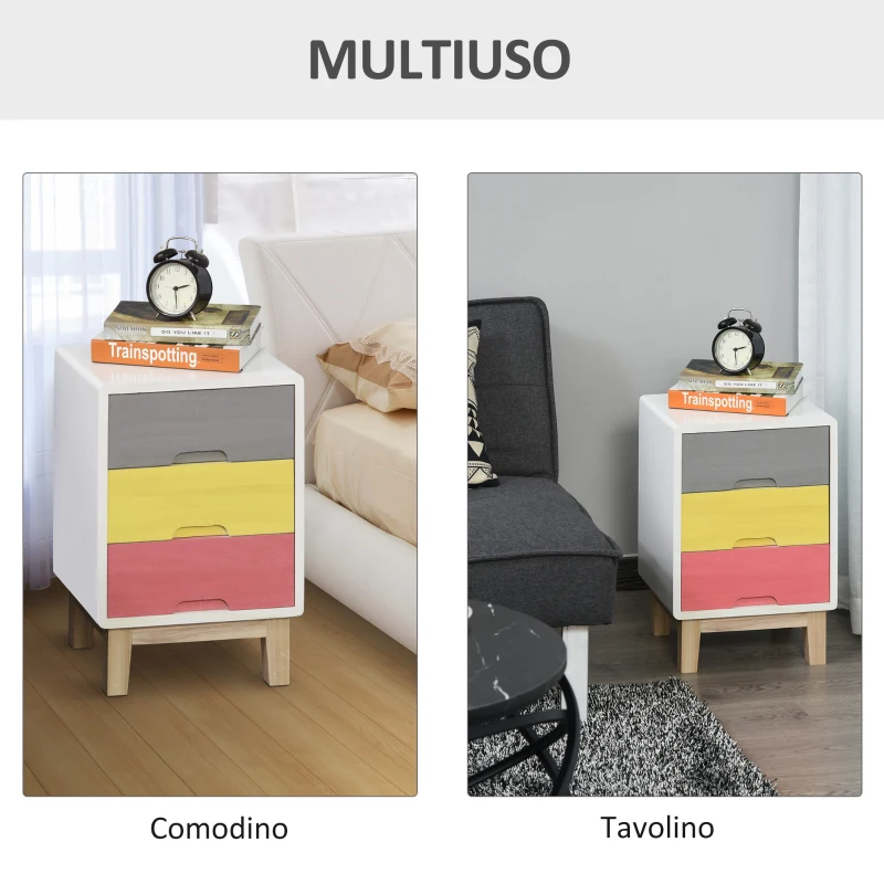 HOMCOM Cassettiera con 3 Cassetti Colorati in Legno, Comodino Elegante, Comò per Camera e Salotto, 30x34x51cm