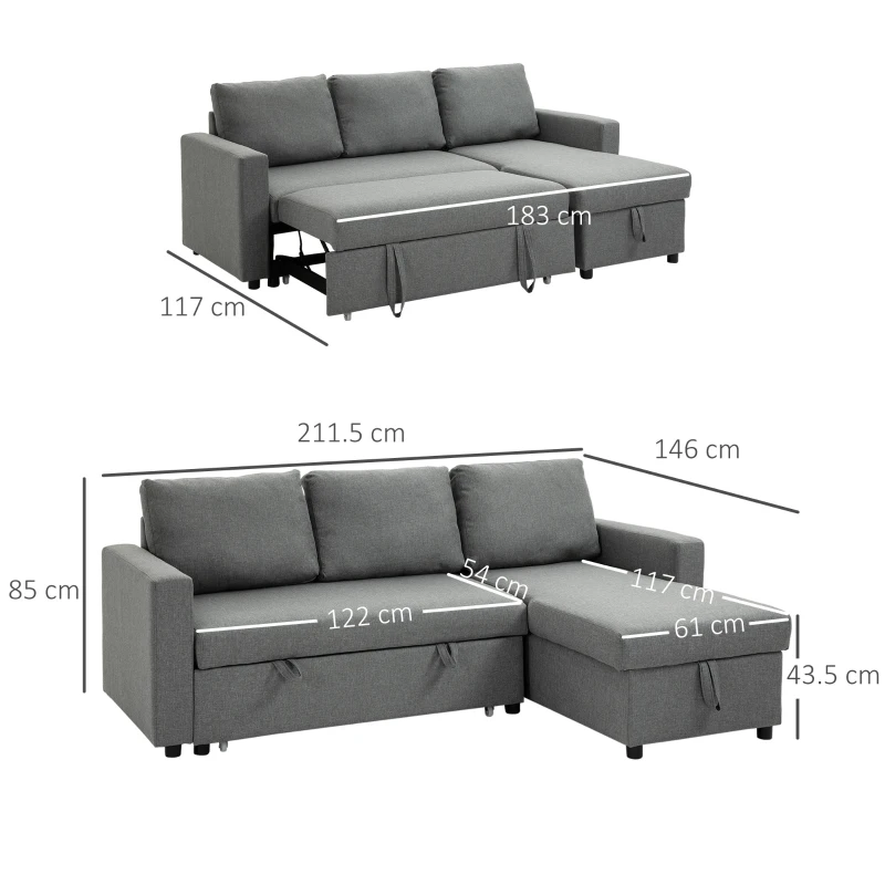 HOMCOM Canapea cu 3 Locuri și Spațiu de Depozitare, Canapea din Material Textil și Perne cu Huse Detașabile, 211.5x146x85 cm, Gri