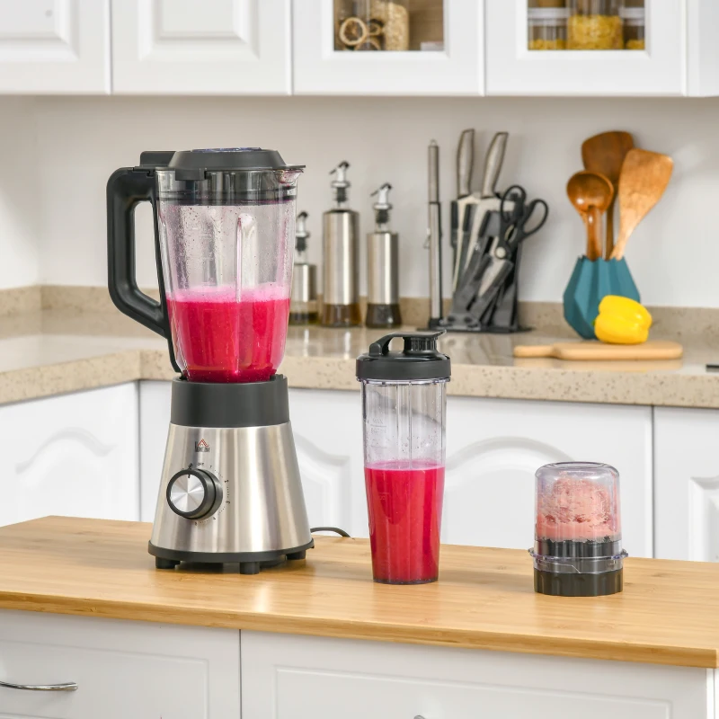 HOMCOM Blender Electric Multifunctional 4 in 1 Smoothie Maker si Masina de Tocat cu Pahar de 1.5L