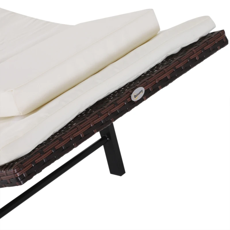 Outsunny Sezlong Scaun de Gradina Ergonomic in Rattan cu Saltea Detasabila, Alb, 196x61x53cm
