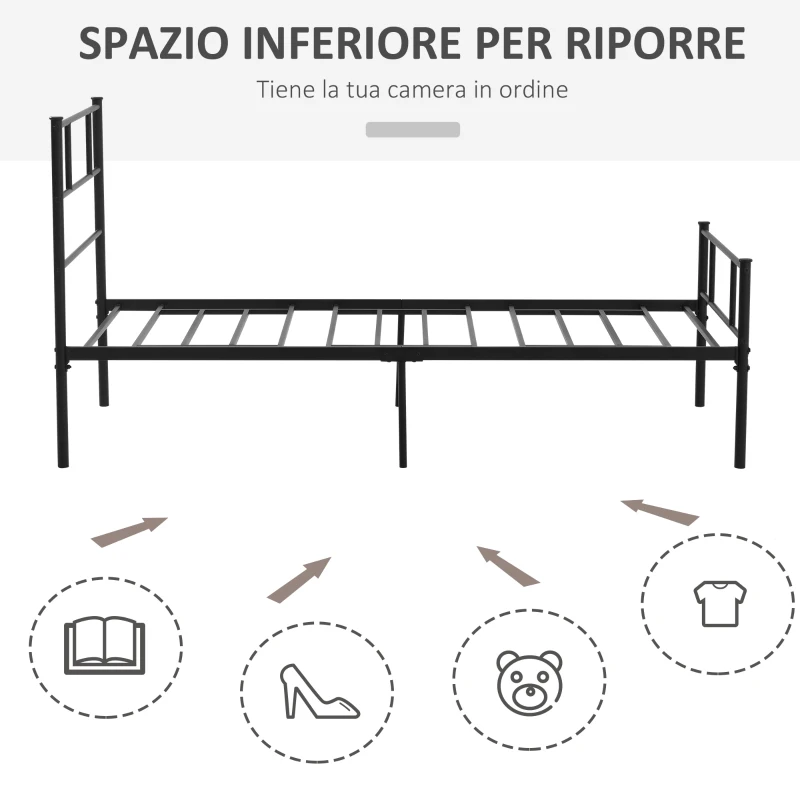 HOMCOM Struttura Letto Singolo in Acciaio 90x200cm con Doghe, Testiera e Pediera, Nero