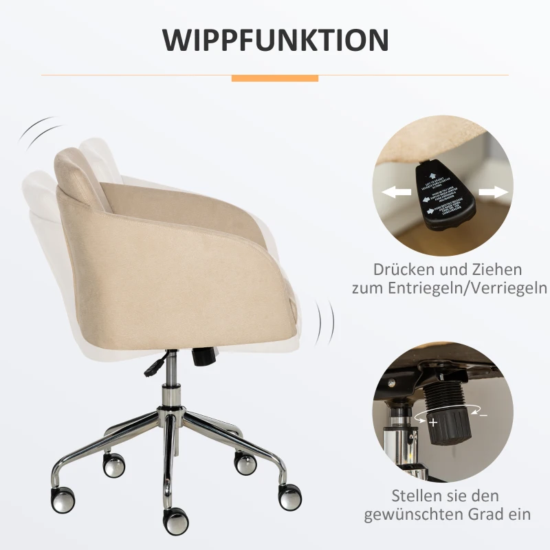 Vinsetto Bürostuhl mittelhoch Schreibtischstuhl Drehstuhl ergonomischer Computerstuhl höhenverstellbar Samt-Touch Metall Beige 64 x 63,5 x 90,8 cm
