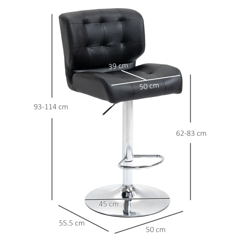 HOMCOM Set 2 Taburete Bar Pivotante cu Inaltime Reglabila din Imitatie de Piele Neagra(m-3)