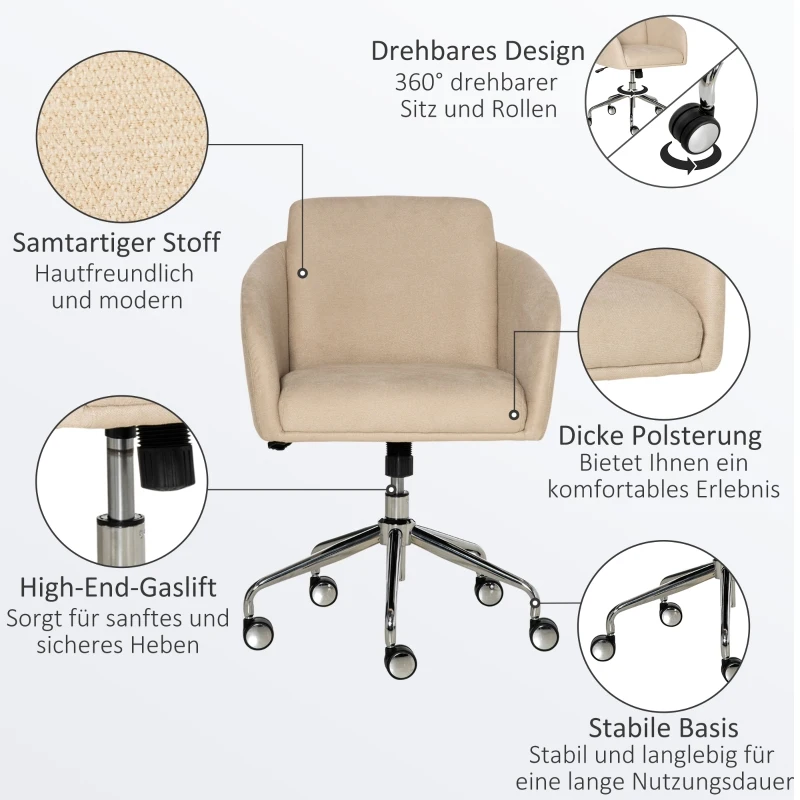 Vinsetto Bürostuhl mittelhoch Schreibtischstuhl Drehstuhl ergonomischer Computerstuhl höhenverstellbar Samt-Touch Metall Beige 64 x 63,5 x 90,8 cm