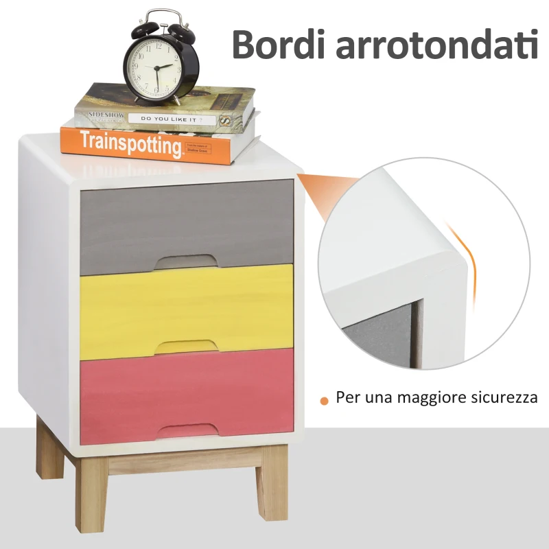HOMCOM Cassettiera con 3 Cassetti Colorati in Legno, Comodino Elegante, Comò per Camera e Salotto, 30x34x51cm