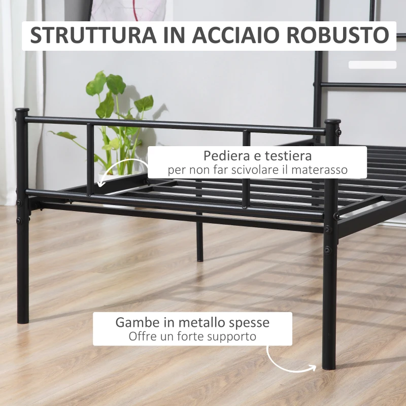 HOMCOM Struttura Letto Singolo in Acciaio 90x200cm con Doghe, Testiera e Pediera, Nero