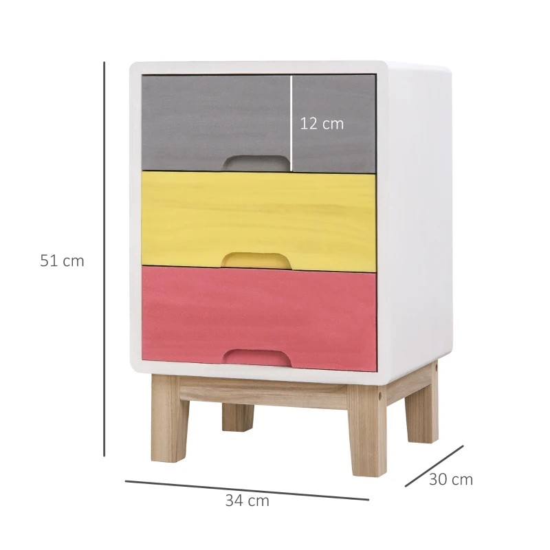 HOMCOM Cassettiera con 3 Cassetti Colorati in Legno, Comodino Elegante, Comò per Camera e Salotto, 30x34x51cm