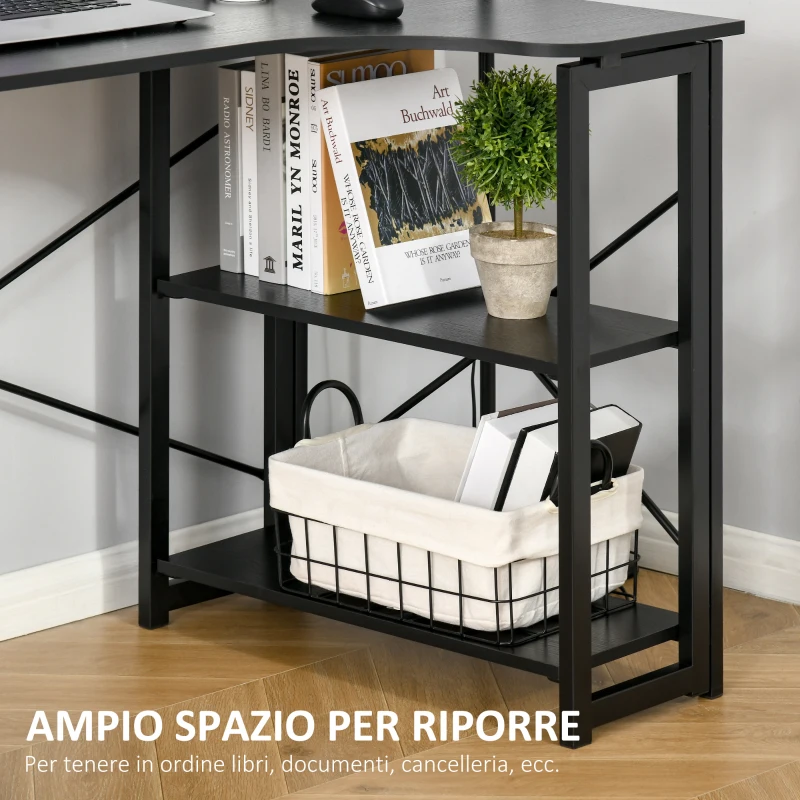 HOMCOM Scrivania Angolare a Scomparsa Pieghevole con 2 Ripiani Laterali in Legno e Metallo, Nera, 120x72.5x76.5cm