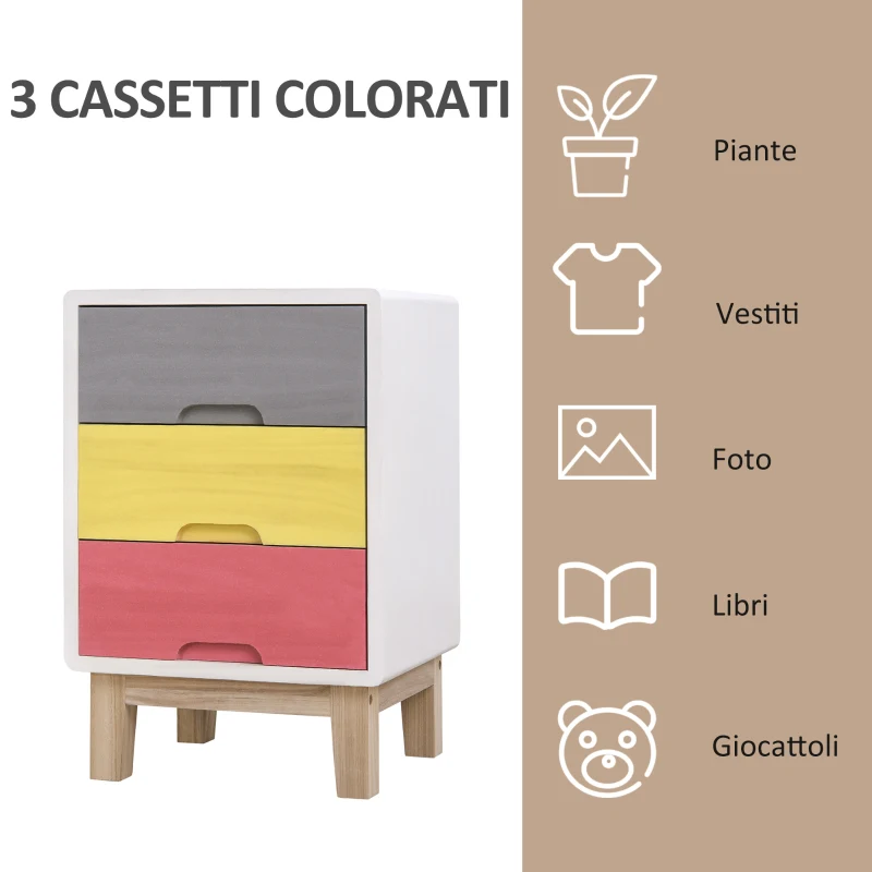 HOMCOM Cassettiera con 3 Cassetti Colorati in Legno, Comodino Elegante, Comò per Camera e Salotto, 30x34x51cm