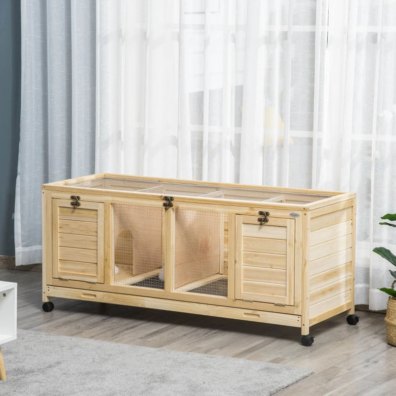 PawHut hok voor kleine dieren, deelbaar, met wielen, massief hout, naturel, 138 x 53 x 61 cm