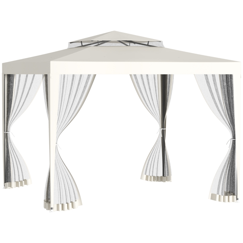 Outsunny Carpa de Jardín 3x3 m Cenador con 4 Mosquiteras Laterales con Cremallera Techo de Ventilación y 8 Orificios de Drenaje Gazebo para Terraza Patio Exterior Beige
