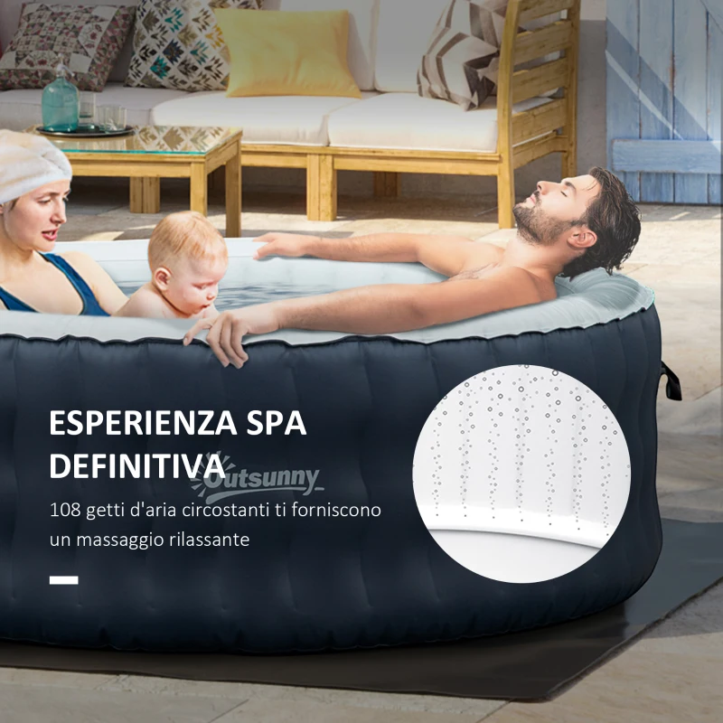 Outsunny Cadă SPA Rotundă Gonflabilă cu 108 Jeturi de Aer, Bule, Protecție și Cartușe de Filtrare, Φ180x68 cm, Albastru