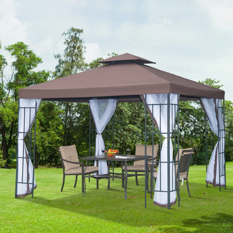 Outsunny 3 x 3 Meters Gazebo Marquee Metal Party Tent Canopy Pavillion Patio Garden Shelter Steel Frame with mesh sidewall - Coffee