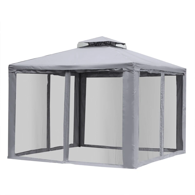 Outsunny 3 x 3 Meter Metal Gazebo Garden Outdoor 2-tier Roof Marquee Party Tent Canopy Pavillion Patio Shelter with Netting - Grey(m-13)
