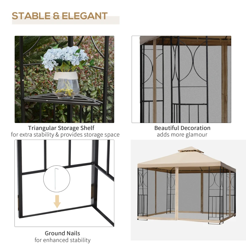 Outsunny 3 x 3 Meter Metal Gazebo Garden Outdoor Marquee Party Tent Canopy Pavillion Patio Shelter with Mesh Sidewalls