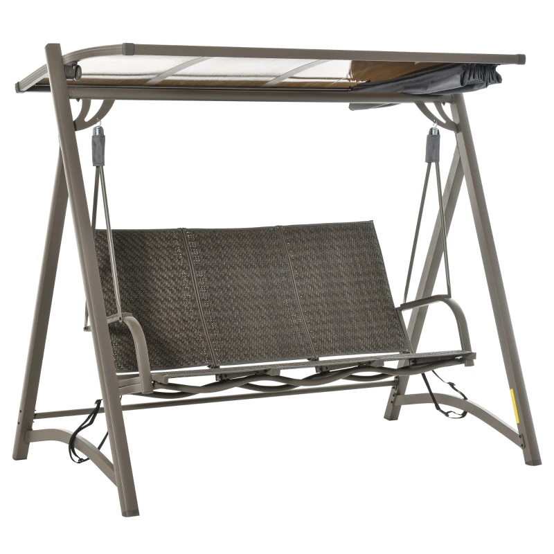Outsunny 3 Seater Rattan Swing Chair Garden Swing Bench Patio Outdoor Hanging Porch Swing with Adjustable Canopy, Aluminum Frame, Brown