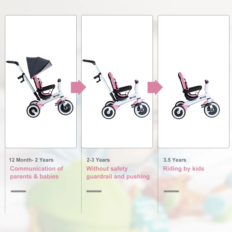HOMCOM Kids Tricycle 4 In 1 Children's Push Trike Detachable Canopy Ride On 3 Wheels Safety Guard Pink