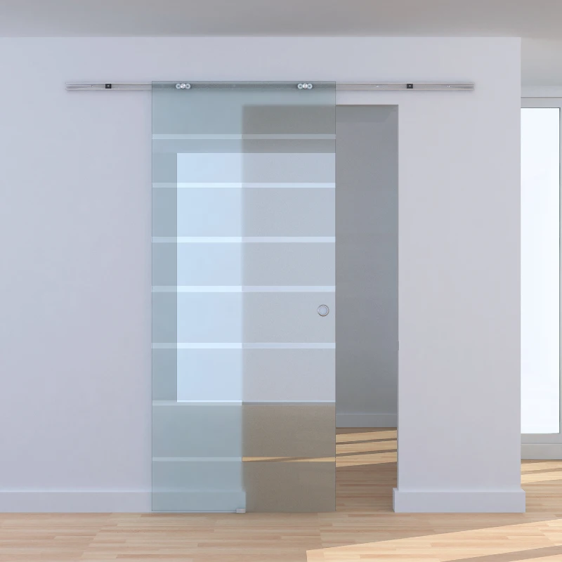 HOMCOM 90cm Modern Sliding Door Include Hardware Track System Kit, Frosted Stripe Glass Door, Round Handle