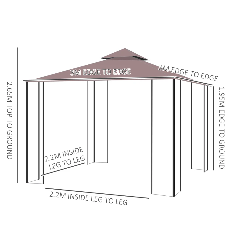 Outsunny 3 x 3 Meters Gazebo Marquee Metal Party Tent Canopy Pavillion Patio Garden Shelter Steel Frame with mesh sidewall - Coffee