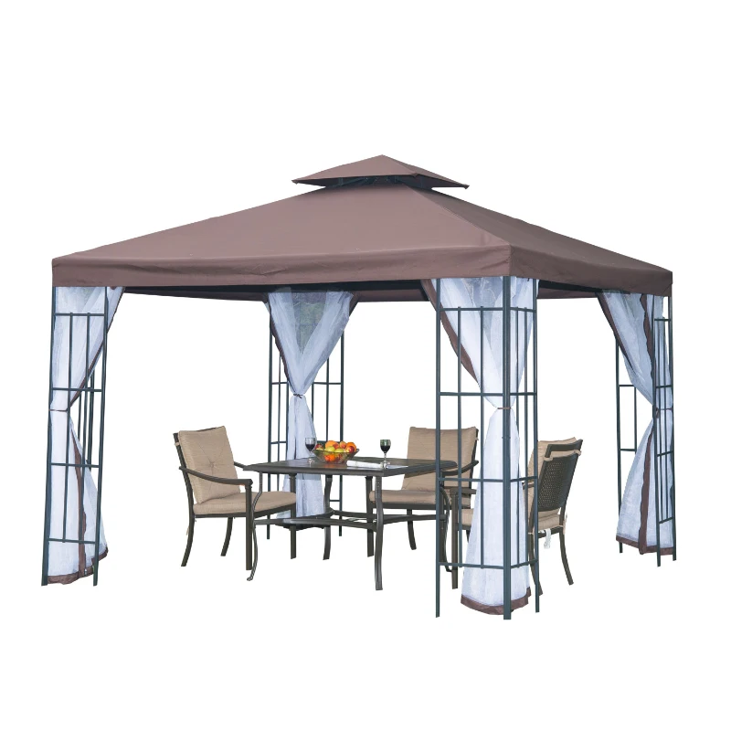Outsunny 3 x 3 Meters Gazebo Marquee Metal Party Tent Canopy Pavillion Patio Garden Shelter Steel Frame with mesh sidewall - Coffee