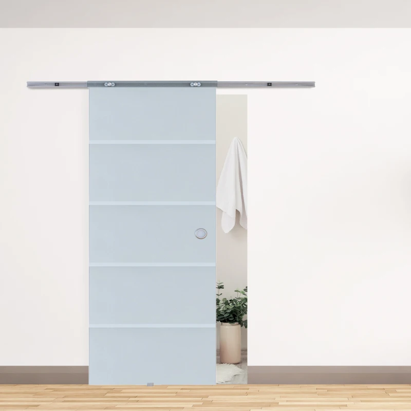 HOMCOM 77.5cm Modern Sliding Door Include Hardware Track System Kit, Frosted Stripe Glass Door, Round Handle