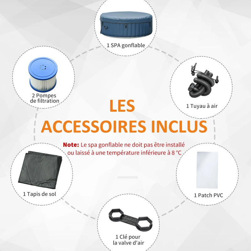 Outsunny Spa Gonflable Rond 4 Personnes Ø 1,80 x 0,65H m - 800 litres 100 Jets de Massage - Fonctions Chauffage Filtration - Liner PVC Blanc Bleu