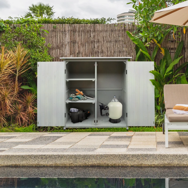 Outsunny Garden Shed Wooden Garden Storage Shed Fir Tool Cabinet Organiser with Shelves Double Door  - 110L x 55W x117Hcm Grey