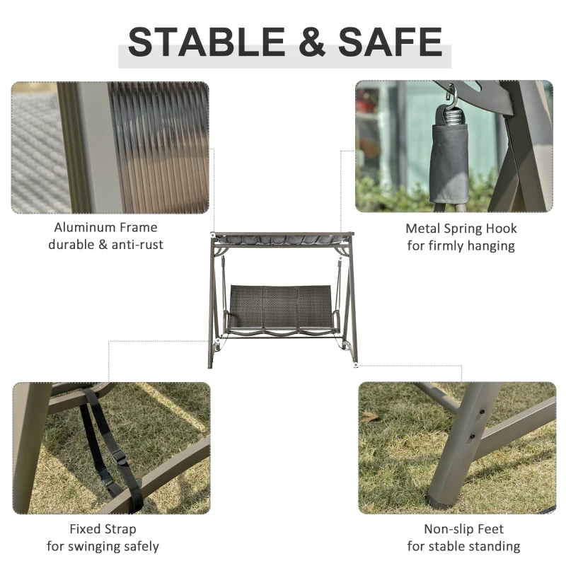 Outsunny 3 Seater Rattan Swing Chair Garden Swing Bench Patio Outdoor Hanging Porch Swing with Adjustable Canopy, Aluminum Frame, Brown