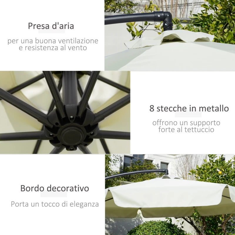 Outsunny Ombrellone da Giardino a Braccio in Metallo e Poliestere con Apertura a Manovella, Ø2.7x2.7 m, Beige