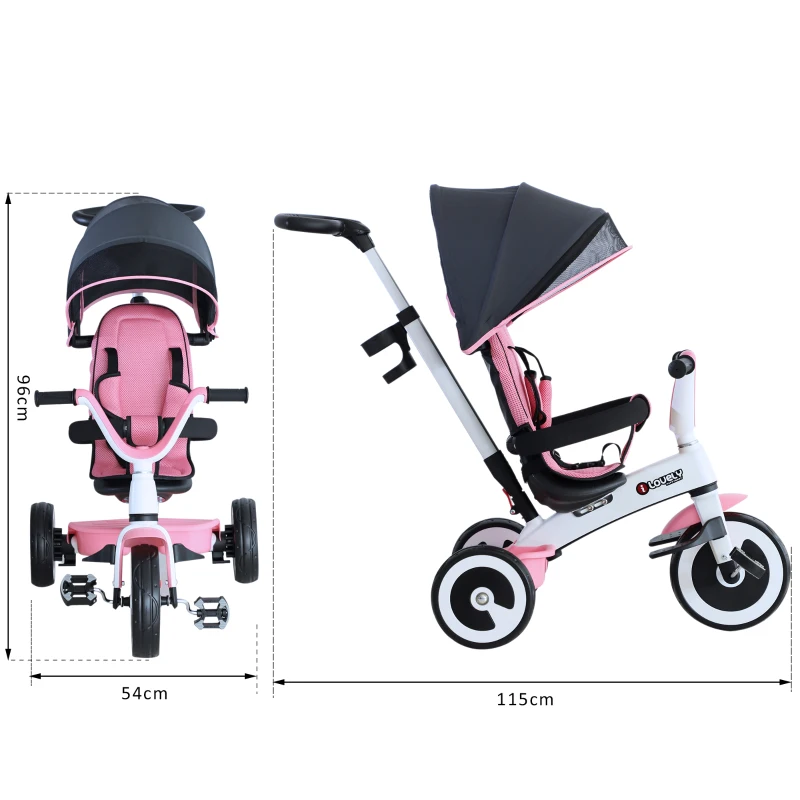 HOMCOM Kids Tricycle 4 In 1 Children's Push Trike Detachable Canopy Ride On 3 Wheels Safety Guard Pink