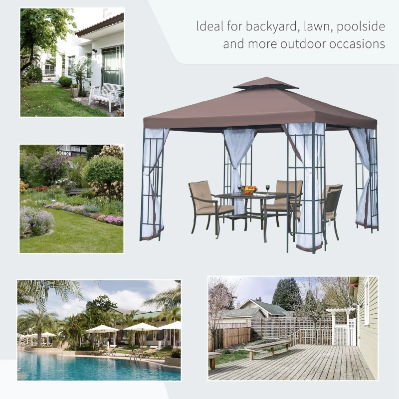 Outsunny 3 x 3 Meters Gazebo Marquee Metal Party Tent Canopy Pavillion Patio Garden Shelter Steel Frame with mesh sidewall - Coffee