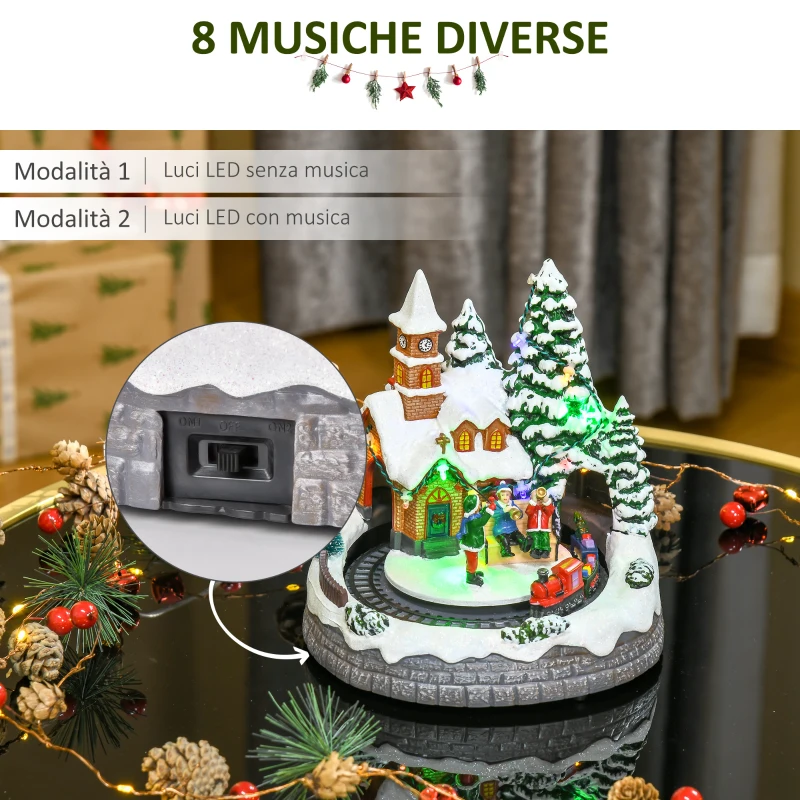 HOMCOM Villaggio Natalizio Luci LED Colorate, 8 Musiche Integrate, Musicisti e Trenino Girevole