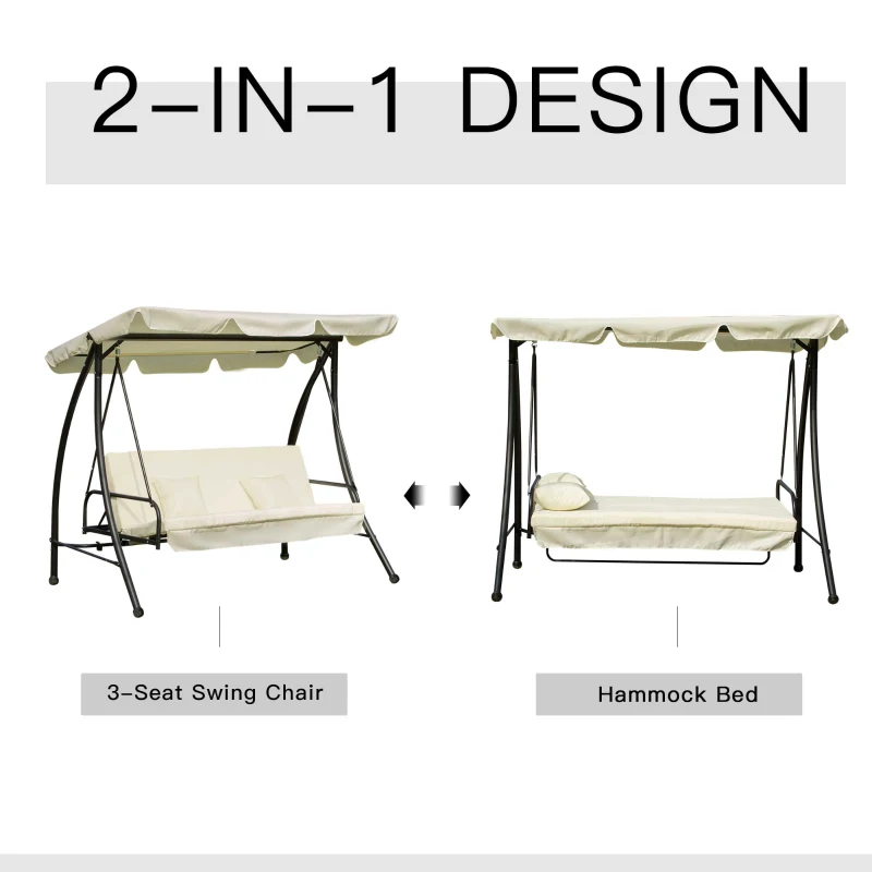 Outsunny 3 Seater Swing Chair 2-in-1 Hammock Bed Patio Garden Cushion Outdoor Canopy Convertible Lounger  Porch Backyard Cream White