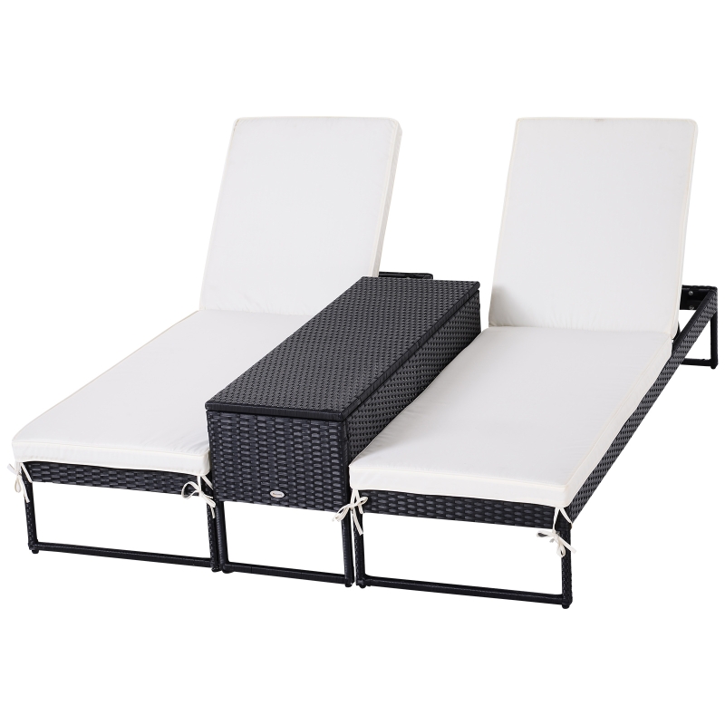 Outsunny 3PC Rattan Sun Lounger Garden Outdoor Wicker Weave Recliner Bed Side Table Set Patio Furniture with Cushion - Black