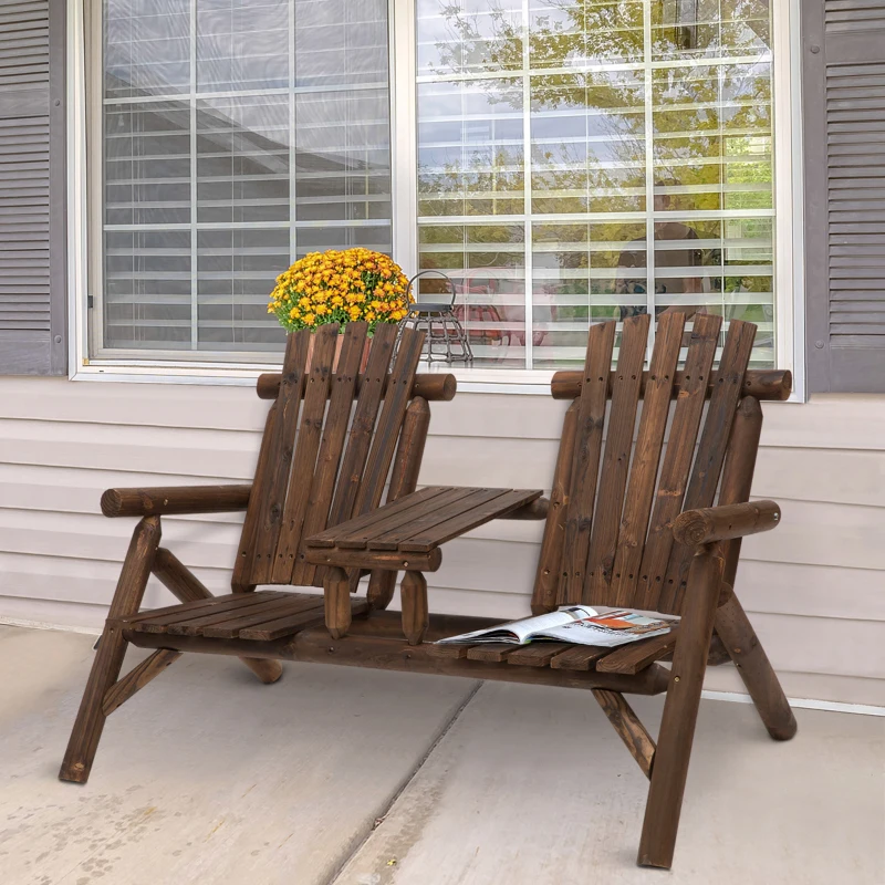 Outsunny Wood Adirondack Bench Loveseat Chair awith Center Table Perfect for Lounging and Relaxing Outdoors