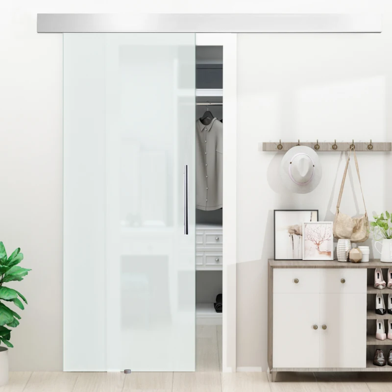 HOMCOM 90cm Modern Sliding Door Set Kit w/ Frosted Glass Door Aluminium Rail Opaque Home Decoration DIY Office Style