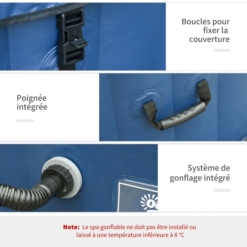 Outsunny Spa Gonflable Rond 4 Personnes Ø 1,80 x 0,65H m - 800 litres 100 Jets de Massage - Fonctions Chauffage Filtration - Liner PVC Blanc Bleu