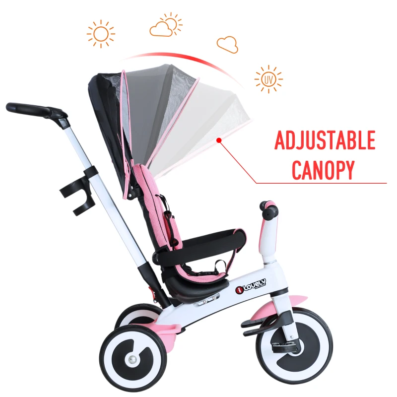 HOMCOM Kids Tricycle 4 In 1 Children's Push Trike Detachable Canopy Ride On 3 Wheels Safety Guard Pink