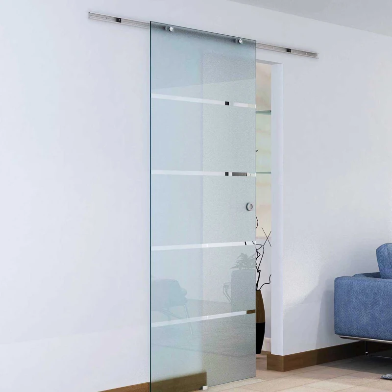 HOMCOM 77.5cm Modern Sliding Door Include Hardware Track System Kit, Frosted Stripe Glass Door, Round Handle