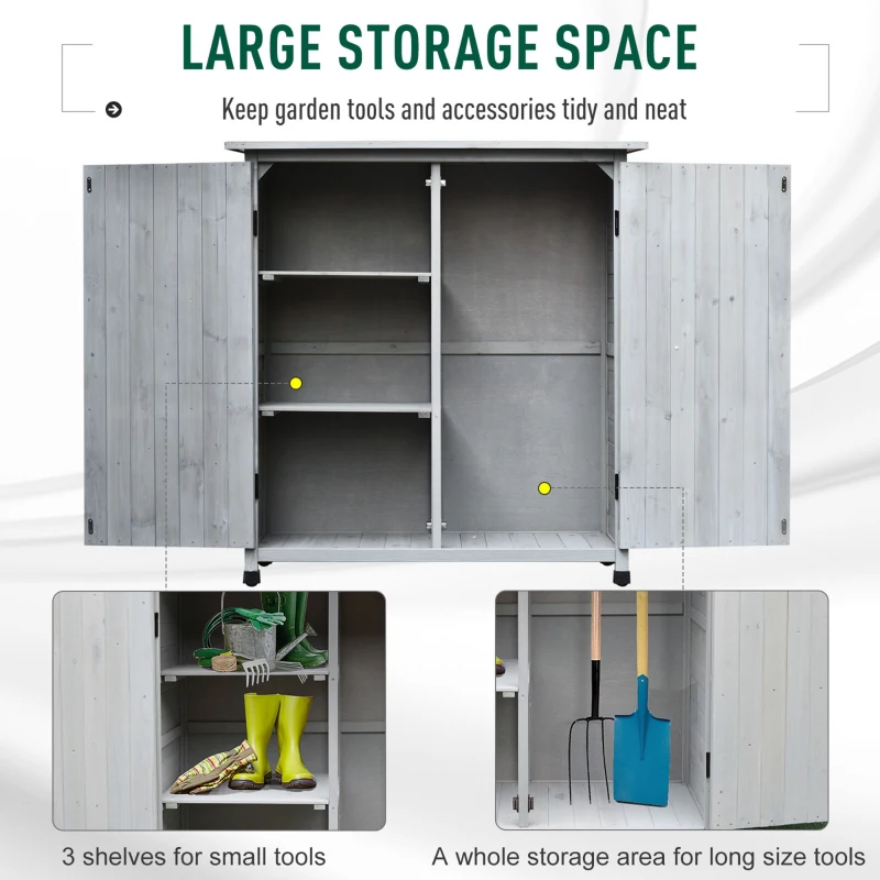 Outsunny Garden Shed Wooden Garden Storage Shed Fir Tool Cabinet Organiser with Shelves Double Door  - 110L x 55W x117Hcm Grey