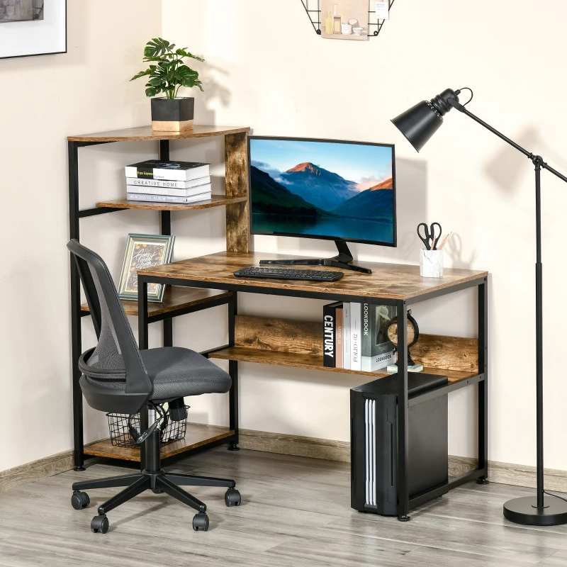 HOMCOM Computer Desk with 4 Storage Shelves Writing Study Desk with Bookshelf for Home Office Sturdy Student Workstation for Small Spaces with Steel Frame