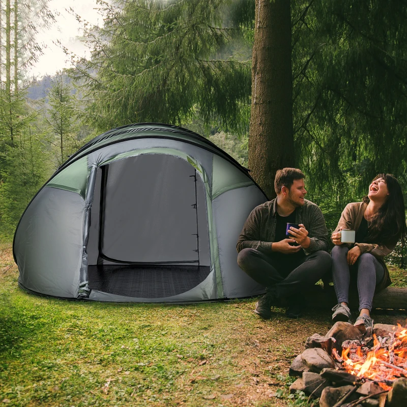 Outsunny 4-5 Person Pop-up Camping Tent Family Tent w/ 2 Mesh Windows & PVC Windows Portable Carry Bag for Outdoor Trip, Dark Green