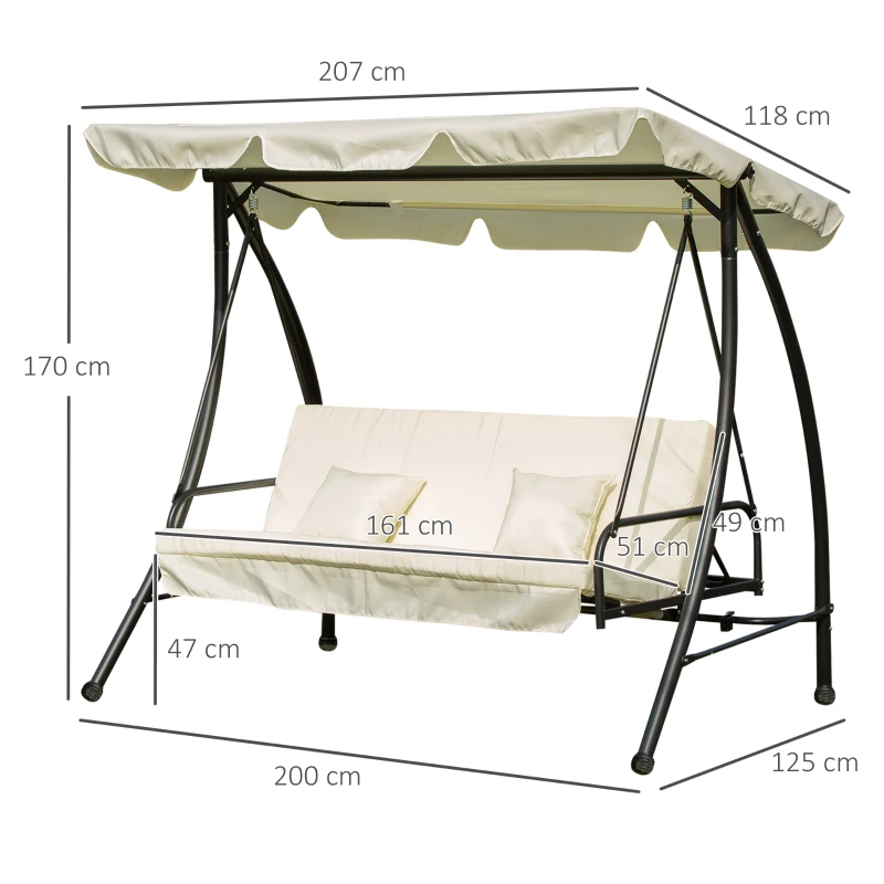 Outsunny 3 Seater Swing Chair 2-in-1 Hammock Bed Patio Garden Cushion Outdoor Canopy Convertible Lounger  Porch Backyard Cream White