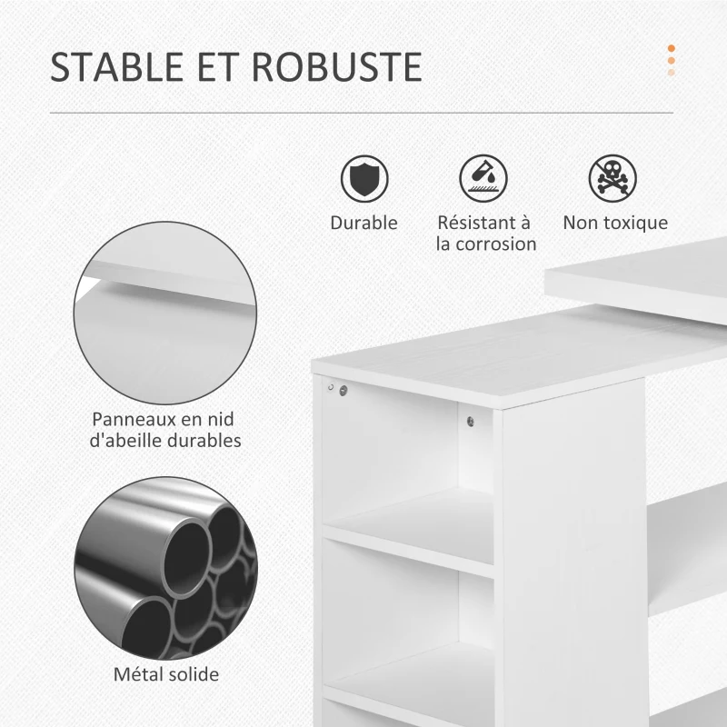 HOMCOM Bureau Informatique Table Informatique Modulable Design Contemporain Pivotant 2 Plateaux Multi-rangements 120 x 108 x 76 cm Blanc