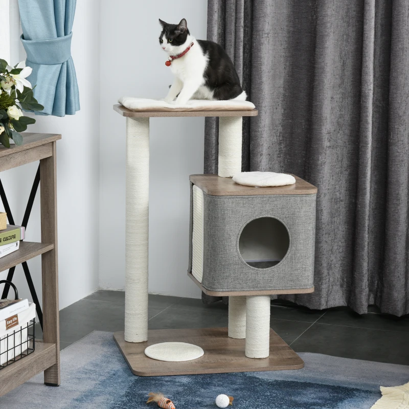 PawHut Arbre à chats design contemporain griffoirs grattoir jute naturelle grande niche plateformes coussins inclus MDF hêtre lin gris