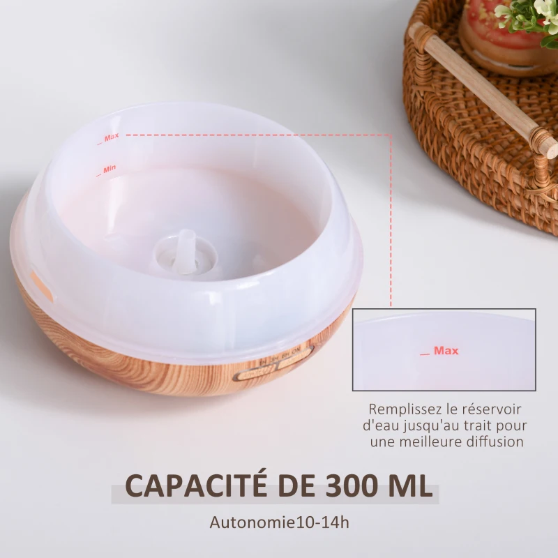 HOMCOM Diffuseur d'huiles essentielles 300 ml design vase - humidificateur d'air - diffuseur aromathérapie avec 7 lumières LED - minuterie - imitation bois