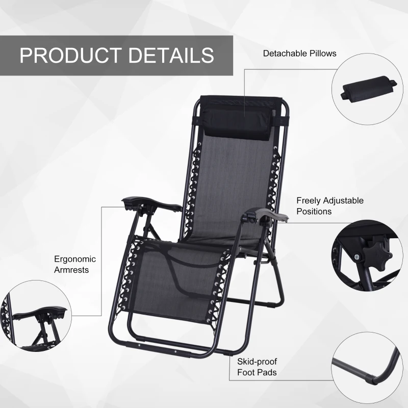 Outsunny 3pcs Sun Lounger Chairs with Table, Reclining Folding Garden Zero Gravity Chairs, Black