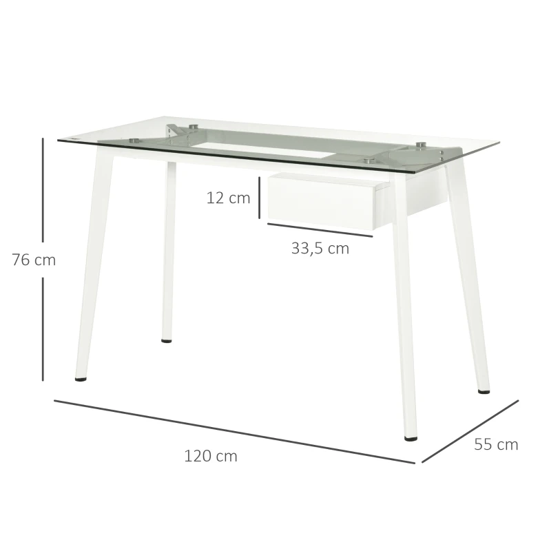 HOMCOM Bureau Informatique multimédia Design Contemporain tiroir Coulissant MDF Plateau Verre trempé châssis métal Blanc